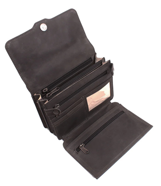 The Jolene, crafted with premium buffalo leather, has a flap that is highlighted with stunning criss-cross lacing. Underneath the front flap, secured with strong snaps, is an organizer with an ID holder, 3 credit card slots, an open pocket for a cell phone, and two zippered coin pockets with RFID protection. The main interior has two open compartments divided by a zippered pocket with an additional zippered pocket on the back of the interior. The adjustable crossbody strap measures 29”- 54” by .75 wide 