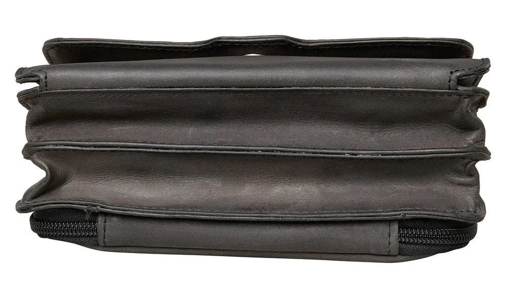 The Jolene, crafted with premium buffalo leather, has a flap that is highlighted with stunning criss-cross lacing. Underneath the front flap, secured with strong snaps, is an organizer with an ID holder, 3 credit card slots, an open pocket for a cell phone, and two zippered coin pockets with RFID protection. The main interior has two open compartments divided by a zippered pocket with an additional zippered pocket on the back of the interior. The adjustable crossbody strap measures 29”- 54” by .75 wide 