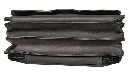 The Jolene, crafted with premium buffalo leather, has a flap that is highlighted with stunning criss-cross lacing. Underneath the front flap, secured with strong snaps, is an organizer with an ID holder, 3 credit card slots, an open pocket for a cell phone, and two zippered coin pockets with RFID protection. The main interior has two open compartments divided by a zippered pocket with an additional zippered pocket on the back of the interior. The adjustable crossbody strap measures 29”- 54” by .75 wide 