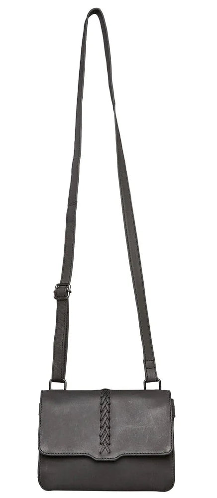 The Jolene, crafted with premium buffalo leather, has a flap that is highlighted with stunning criss-cross lacing. Underneath the front flap, secured with strong snaps, is an organizer with an ID holder, 3 credit card slots, an open pocket for a cell phone, and two zippered coin pockets with RFID protection. The main interior has two open compartments divided by a zippered pocket with an additional zippered pocket on the back of the interior. The adjustable crossbody strap measures 29”- 54” by .75 wide 