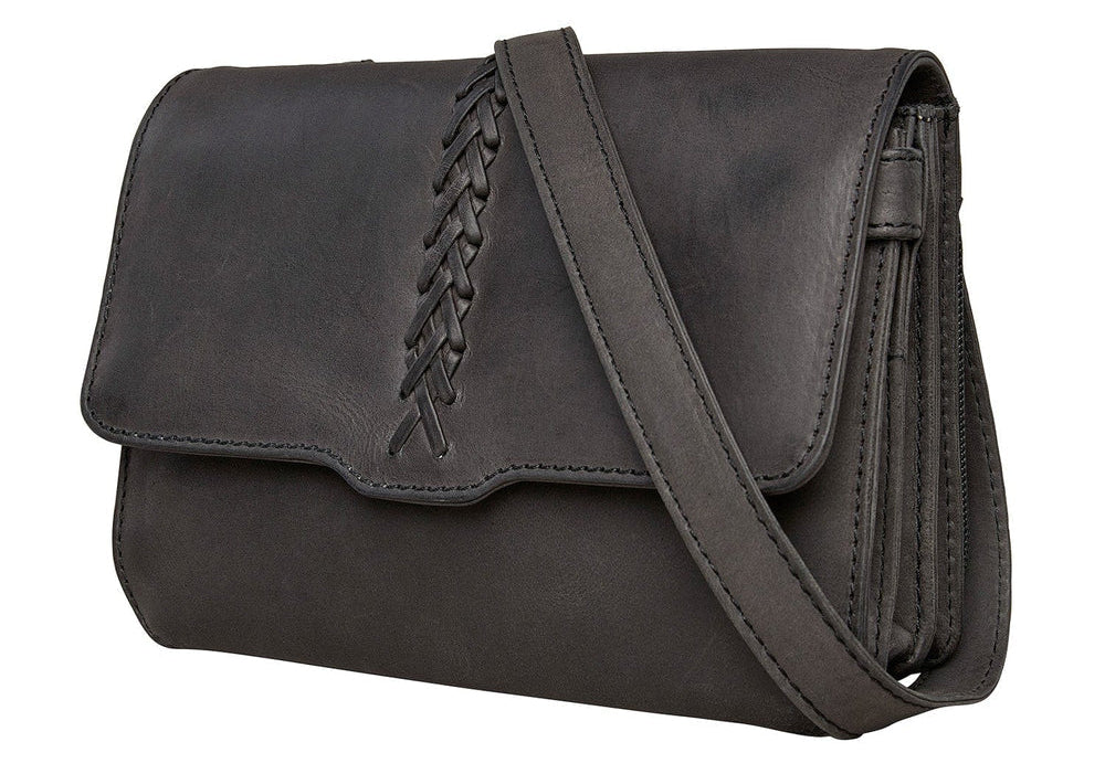 The Jolene, crafted with premium buffalo leather, has a flap that is highlighted with stunning criss-cross lacing. Underneath the front flap, secured with strong snaps, is an organizer with an ID holder, 3 credit card slots, an open pocket for a cell phone, and two zippered coin pockets with RFID protection. The main interior has two open compartments divided by a zippered pocket with an additional zippered pocket on the back of the interior. The adjustable crossbody strap measures 29”- 54” by .75 wide 