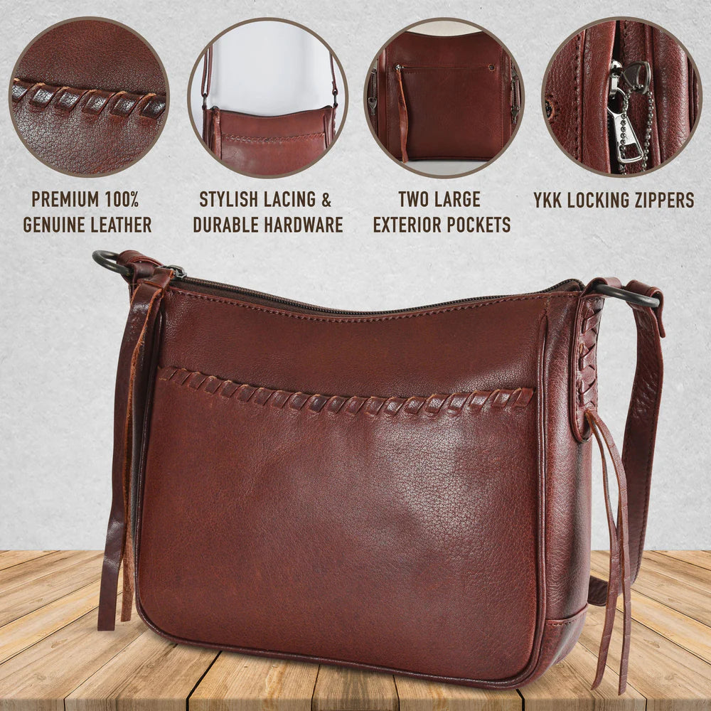 The Callie Leather Crossbody is crafted with quality full-grain leather, featuring stylish lacing on the front pocket and ends. The interior features a zippered pocket, 2 open slip pockets, another large open pocket, and a key strap for fast access to your keys. An additional zippered pocket on the back adds more room for your cell phone or other essentials. The ideal size for the lady on the go. Part of our Cary Conceal Handbags at our Smyrna, TN shop.
