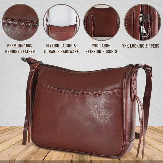 The Callie Leather Crossbody is crafted with quality full-grain leather, featuring stylish lacing on the front pocket and ends. The interior features a zippered pocket, 2 open slip pockets, another large open pocket, and a key strap for fast access to your keys. An additional zippered pocket on the back adds more room for your cell phone or other essentials. The ideal size for the lady on the go. Part of our Cary Conceal Handbags at our Smyrna, TN shop.