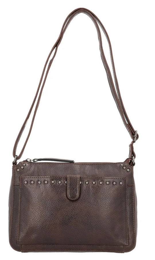 The Leah Crossbody is crafted with buffalo leather and has a light sprinkling of gunmetal studs. The front pocket is secured with a snap closure, contains a slim wallet. This RFID-protected wallet features 2 ID holders, 10 credit card slots, 2 open slit pockets for bills, and a full-size zippered pocket, ensuring your essentials are both organized and secure. The main interior is divided into two sections by a full-length zippered pocket. The front compartment offers two open slip pockets, while the back po