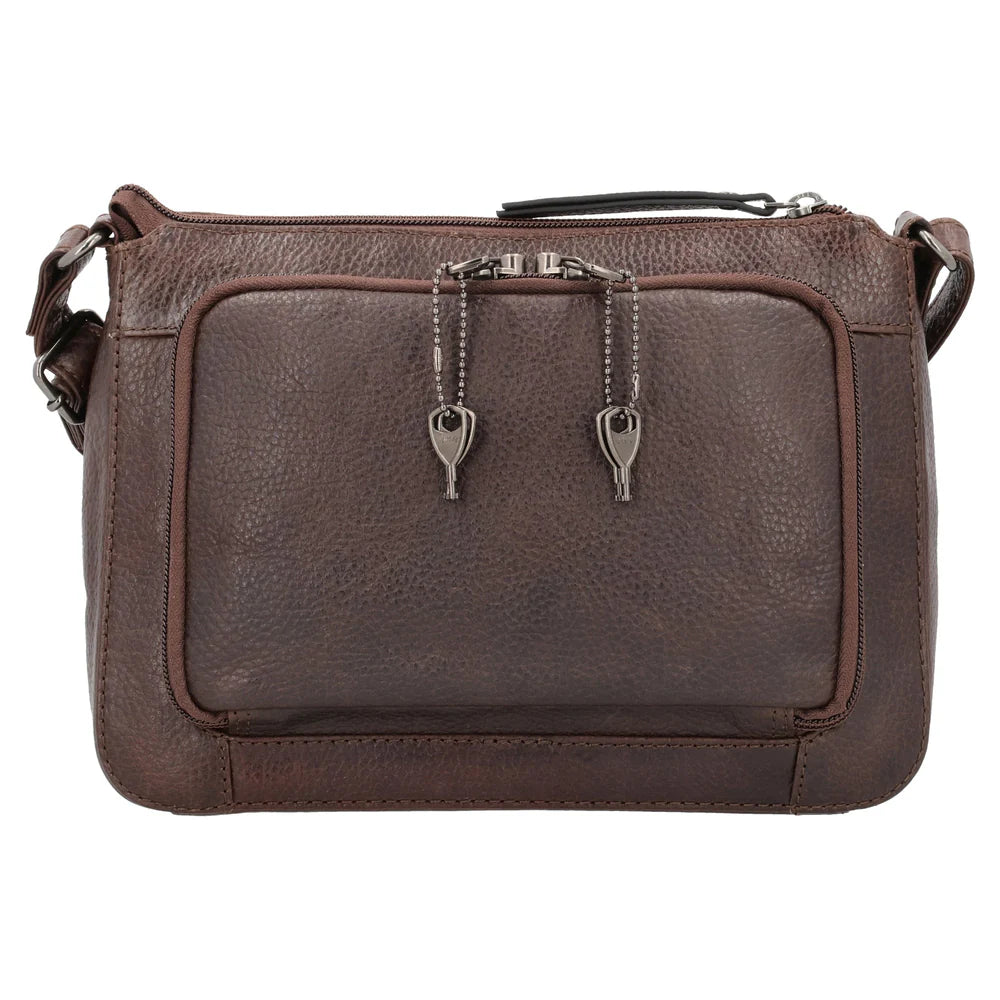 The Leah Crossbody is crafted with buffalo leather and has a light sprinkling of gunmetal studs. The front pocket is secured with a snap closure, contains a slim wallet. This RFID-protected wallet features 2 ID holders, 10 credit card slots, 2 open slit pockets for bills, and a full-size zippered pocket, ensuring your essentials are both organized and secure. The main interior is divided into two sections by a full-length zippered pocket. The front compartment offers two open slip pockets, while the back po