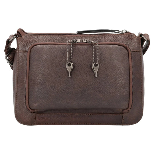 The Leah Crossbody is crafted with buffalo leather and has a light sprinkling of gunmetal studs. The front pocket is secured with a snap closure, contains a slim wallet. This RFID-protected wallet features 2 ID holders, 10 credit card slots, 2 open slit pockets for bills, and a full-size zippered pocket, ensuring your essentials are both organized and secure. The main interior is divided into two sections by a full-length zippered pocket. The front compartment offers two open slip pockets, while the back po