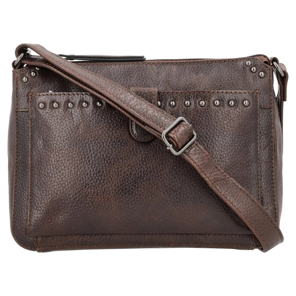 The Leah Crossbody is crafted with buffalo leather and has a light sprinkling of gunmetal studs. The front pocket is secured with a snap closure, contains a slim wallet. This RFID-protected wallet features 2 ID holders, 10 credit card slots, 2 open slit pockets for bills, and a full-size zippered pocket, ensuring your essentials are both organized and secure. The main interior is divided into two sections by a full-length zippered pocket. The front compartment offers two open slip pockets, while the back po