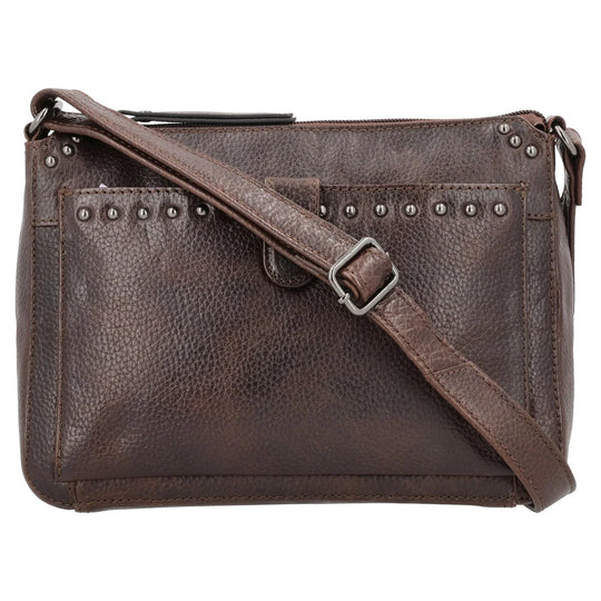 The Leah Crossbody is crafted with buffalo leather and has a light sprinkling of gunmetal studs. The front pocket is secured with a snap closure, contains a slim wallet. This RFID-protected wallet features 2 ID holders, 10 credit card slots, 2 open slit pockets for bills, and a full-size zippered pocket, ensuring your essentials are both organized and secure. The main interior is divided into two sections by a full-length zippered pocket. The front compartment offers two open slip pockets, while the back po