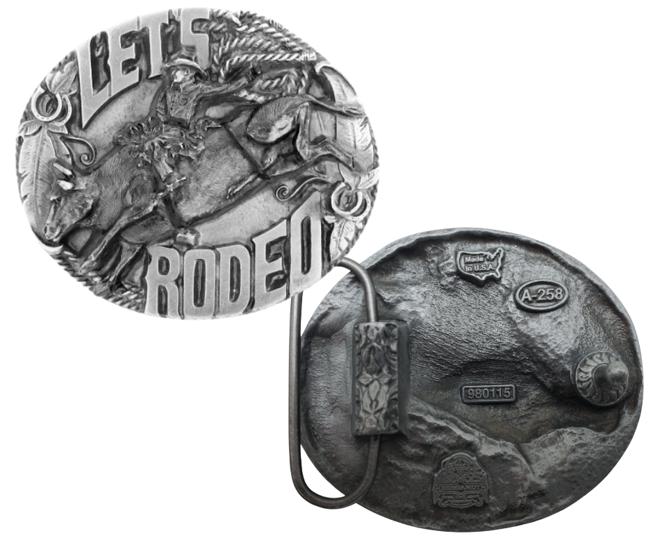 The Rodeo is a Western Culture staple. Bull riding, Calf Roping, Barrel Racing is among the favorite events. Crafted from top-quality pewter, it is specifically made to fit 1 1/2" belts and measures 2 1/2" tall x 3" across.&nbsp; Find it at our shop in Smyrna, TN, just a short drive from Nashville.