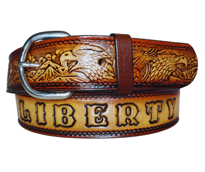 This All American Eagle leather belt features Wild Eagles in an antiqued Brown finish with a 1 1/2" width. It is crafted from full grain veg-tanned cowhide, with smooth burnished painted edges and a nickel-plated buckle. For customizing, simply type your desired name or No Name in the "Type Name Here" section,  the buckle can be easily interchanged as well. This product is in stock at our Smyrna, TN shop