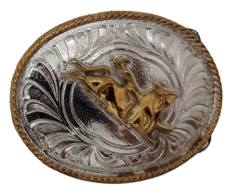 For the boy or girl that wants a buckle like Dad or Mom. It's smaller 2"x 2 1/2" size is great for smaller bodies and will fit up to a 1 1/4" belt strap. It's plated nickel and gold tone looks just like a real Trophy buckles that all Rodeo stars win. Imported from Mexico.&nbsp;