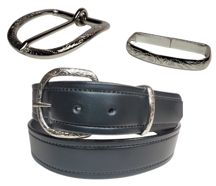 "Western up" your belt in a simple way with Buckle and Loop set. Stop in our shop in Smyrna, TN, just outside of Nashville to see a selection of what we call Basic buckles. This classic floral Nickel plated 2 pc set will do the job. Fits 1 1/2" belts.   Color - Antique Nickel