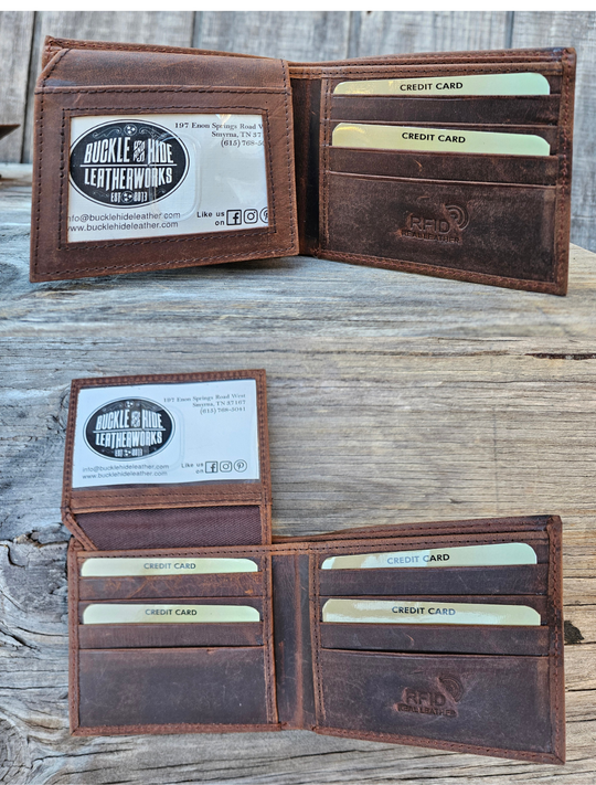 With a name like Lincoln this has to be a practical Bi-fold leather wallet. Equipped with 10 credit card slots and 2 ID window slots on a flip-up extension piece. The main compartments has a cash divider. Lined with RFID blocking. . Available in our Smyrna, TN shop near Sewarts Landing.

Made in India.
Approx. 4 1/4”x 3 3/4" when closed