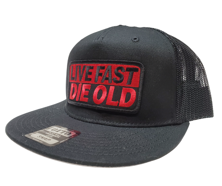 Genuine Otto Brand snap back flat brim hat. A cotton/polyester blend helps the hat hold its shape for long time use. It is a mesh style back hat with a plastic adjustable tab and features Live Fast Die Old art. Stocked at our Smyrna, TN store not far from Murfreesboro.