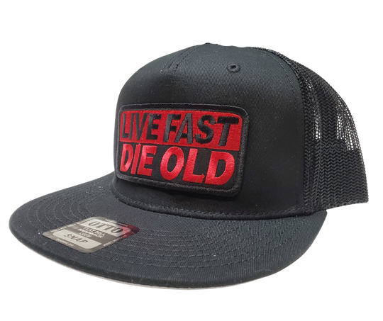 Genuine Otto Brand snap back flat brim hat. A cotton/polyester blend helps the hat hold its shape for long time use. It is a mesh style back hat with a plastic adjustable tab and features Live Fast Die Old art. Stocked at our Smyrna, TN store not far from Murfreesboro.