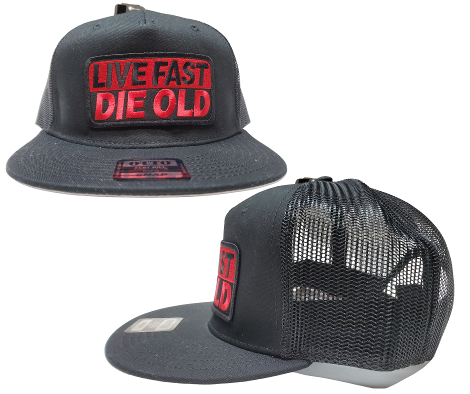 Genuine Otto Brand snap back flat brim hat. A cotton/polyester blend helps the hat hold its shape for long time use. It is a mesh style back hat with a plastic adjustable tab and features Live Fast Die Old art. Stocked at our Smyrna, TN store not far from Murfreesboro.