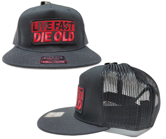 Genuine Otto Brand snap back flat brim hat. A cotton/polyester blend helps the hat hold its shape for long time use. It is a mesh style back hat with a plastic adjustable tab and features Live Fast Die Old art. Stocked at our Smyrna, TN store not far from Murfreesboro.