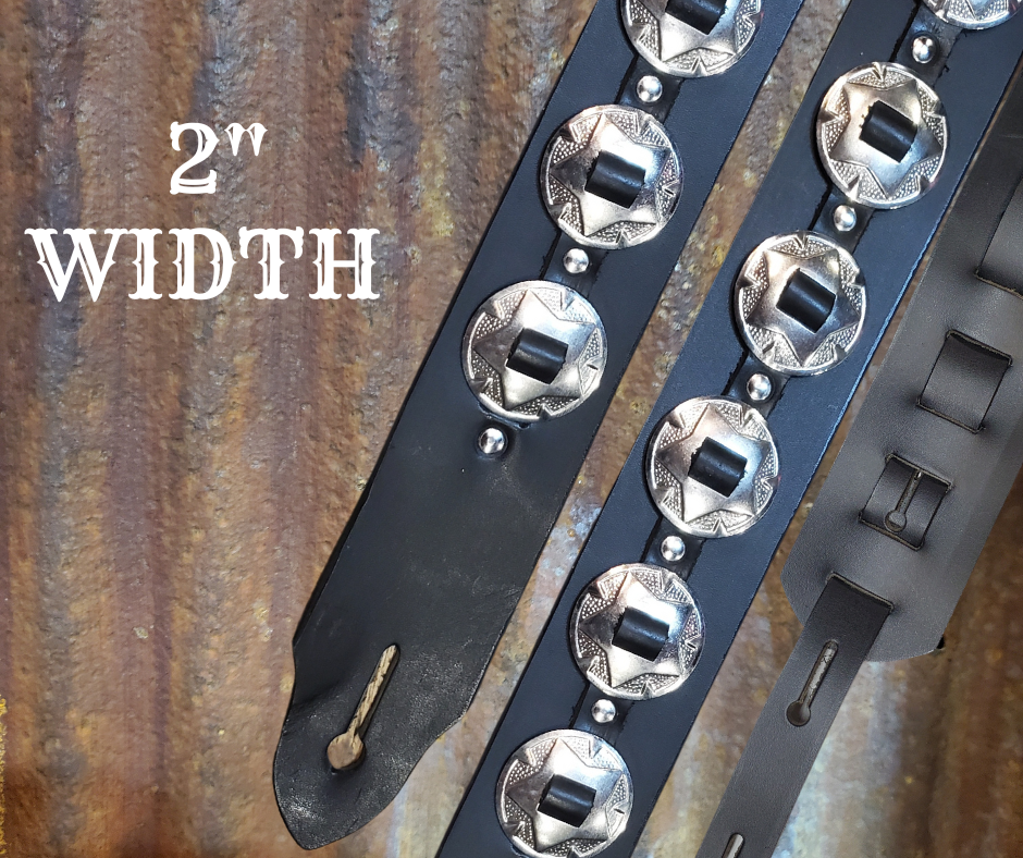 Conchos like Marshalls and Les Paul's have have been staple for years in Rock music!  "This 2" wide Guitar Strap is a nod to that classic influence. It's made from Pebbled Veg-Tan Cowhide and after some gig's it'll look like you bought in a Vintage shop. The classic adjustment style goes from approx. 42" to 56" at it's longest . Made just outside Nashville in our Smyrna, TN. shop. It will need a bit of time to "break in" but will get a great patina over time.  