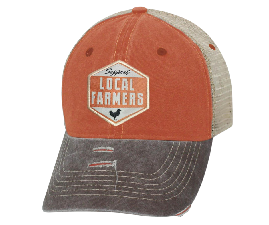 Local Farmers feed America, show your support with this Embroidered Distressed Trucker Cap! The faded orange twill front and tan mesh back feature  graphic of a Chicken, Support Local Farmers on a diamond shaped patch, and a brown bill and on the under side. Fits most anybody with a adjustable snap strap. Take a short trip outside Nashville to our Smyrna, TN shop and get yours now!  COLOR: BROWN/TAN/ORANGE