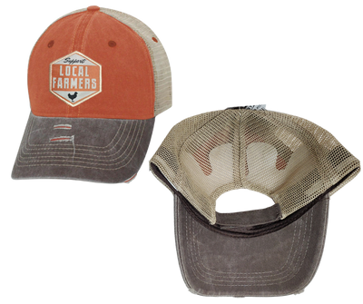 Local Farmers feed America, show your support with this Embroidered Distressed Trucker Cap! The faded orange twill front and tan mesh back feature  graphic of a Chicken, Support Local Farmers on a diamond shaped patch, and a brown bill and on the under side. Fits most anybody with a adjustable snap strap. Take a short trip outside Nashville to our Smyrna, TN shop and get yours now!  COLOR: BROWN/TAN/ORANGE