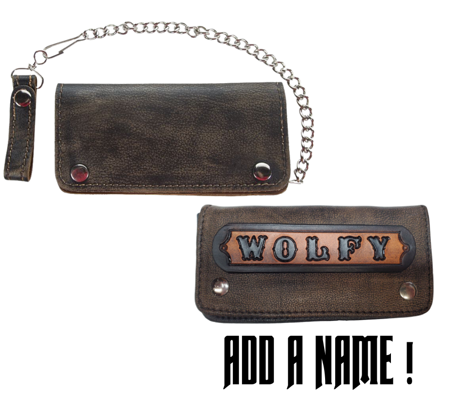 Soft Original Long Style Bi-fold Chain Wallet in Distressed brown.  2 Main Cash Slots for all your important stash, 1 zipper pocket, 3 or 7 card slots. It's imported but it's Buckle and Hide approved. A little over 7" in length. 2 snap closure. Complete with an 18" chrome plated chain including leather belt loop. Like most wallets over stuffing will limit the time of use. Type Name in box! Imported, colors may vary from picture. 