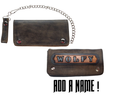 Soft Original Long Style Bi-fold Chain Wallet in Distressed brown.  2 Main Cash Slots for all your important stash, 1 zipper pocket, 3 or 7 card slots. It's imported but it's Buckle and Hide approved. A little over 7" in length. 2 snap closure. Complete with an 18" chrome plated chain including leather belt loop. Like most wallets over stuffing will limit the time of use. Type Name in box! Imported, colors may vary from picture. 