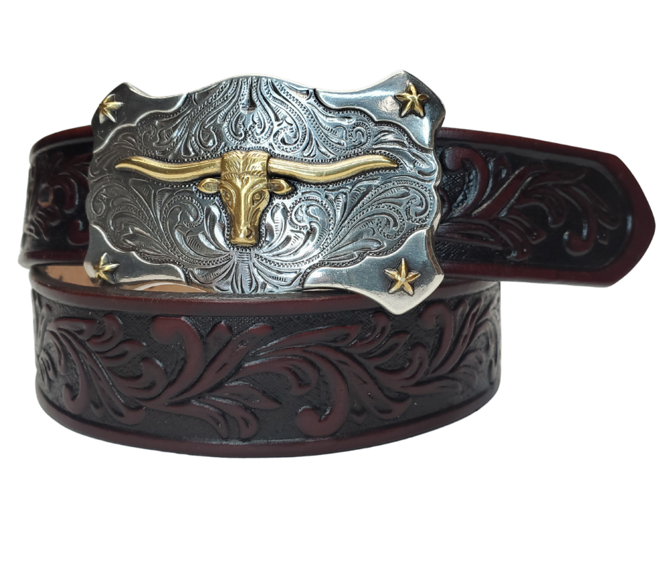 The perfect belt for the young ones to wear at the Rodeo, whether they're cheering on their Dad or riding a stick horse in the back yard. With a dark brown western scroll design and a Longhorn buckle featuring stars on the corners, this belt will not go unnoticed. Find it stocked at our local Smyrna, TN shop, conveniently located near Murfreesboro. Made in the USA (at least the belt).

1 1/4" leather strap and keeper