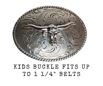 Let the little ones express their inner cowboy with this awesome longhorn belt buckle! Featuring a scroll background, rope border, in antique silver, this approx. 2" x 3" buckle looks great with a 1 1/4" belt. Saddle up and purchase yours in our Smyrna, TN (near Nashville) store or online.