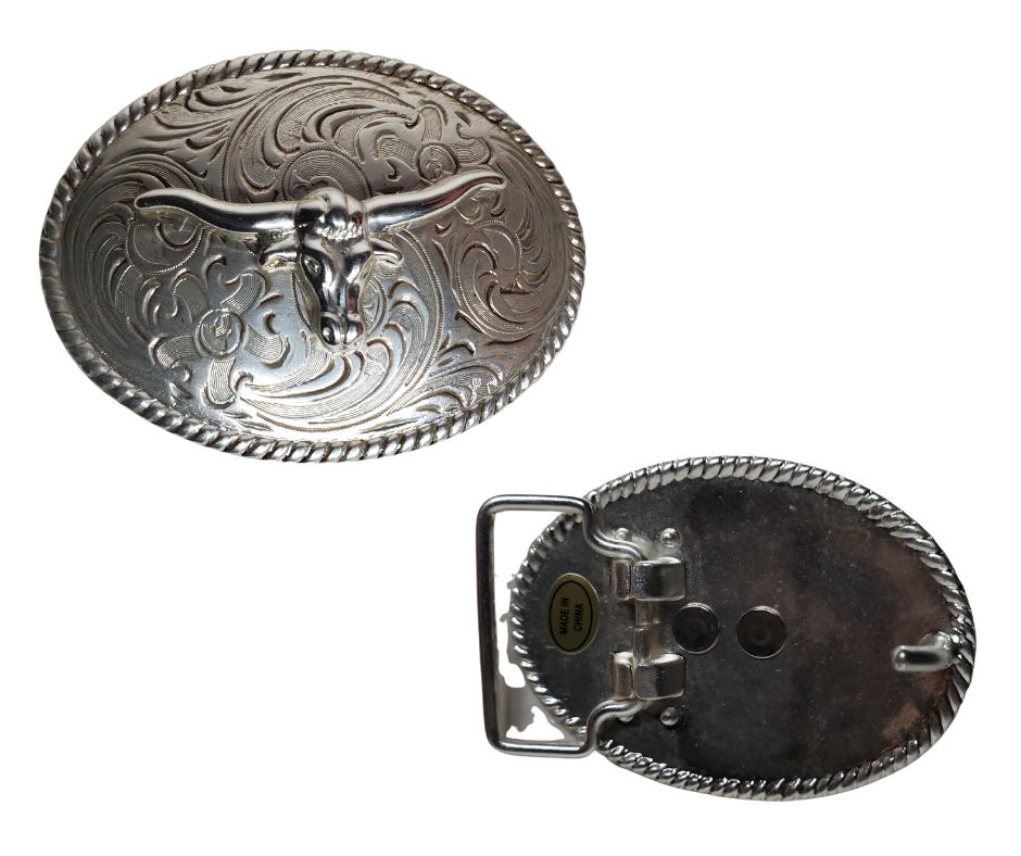 Let the little ones express their inner cowboy with this awesome longhorn belt buckle! Featuring a scroll background, rope border, in antique silver, this approx. 2" x 3" buckle looks great with a 1 1/4" belt. Saddle up and purchase yours in our Smyrna, TN (near Nashville) store or online.