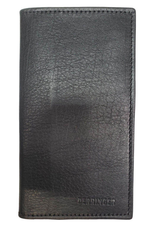 The "Derringer" is a popular Long Style Bi-fold Wallet in black, and lined with RFID blocking fabric. It's a thinned Cowhide LEATHER with nylon lining for a lighter weight and slimmer profile! Inside are 12 nylon lined card slots with an I.D. slot, 2 open slots, and 3 underneath cash slots, for all your important stash. Size is 6 3/4" x 3 1/2" closed, and 7 1/2" x 6 3/4" fully open. Like most wallets over stuffing will limit the time of use. Imported
