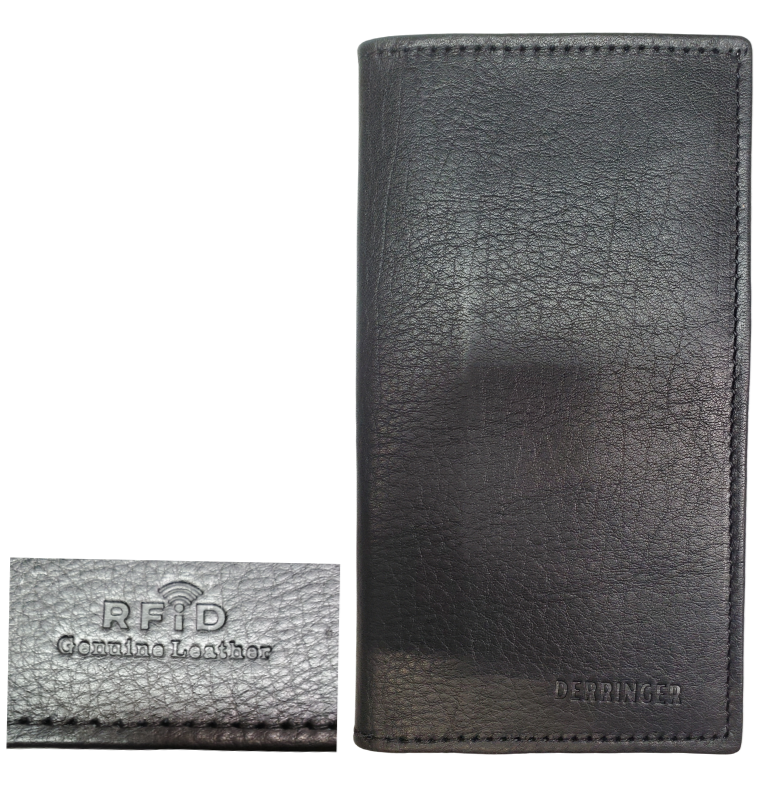 The "Derringer" is a popular Long Style Bi-fold Wallet in black, and lined with RFID blocking fabric. It's a thinned Cowhide LEATHER with nylon lining for a lighter weight and slimmer profile! Inside are 12 nylon lined card slots with an I.D. slot, 2 open slots, and 3 underneath cash slots, for all your important stash. Size is 6 3/4" x 3 1/2" closed, and 7 1/2" x 6 3/4" fully open. Like most wallets over stuffing will limit the time of use. Imported
