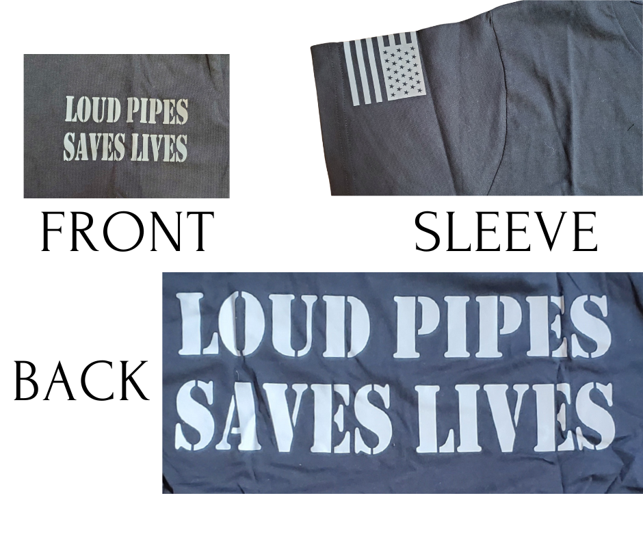 Make a statement with the REFLECTIVE design on our Loud Pipes Saves Lives short sleeve tee. Crafted from soft, lightweight cotton, it features bold "Loud Pipes Save Lives" graphics on the back, a smaller version on the chest, a USA flag on the right sleeve, and the Derringer logo on the left. Now stocked in our Smyrna, TN shop, just a short ride from Bumpus HD in Murfreesboro. Sizes M-3X.