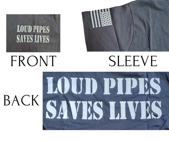 Make a statement with the REFLECTIVE design on our Loud Pipes Saves Lives short sleeve tee. Crafted from soft, lightweight cotton, it features bold "Loud Pipes Save Lives" graphics on the back, a smaller version on the chest, a USA flag on the right sleeve, and the Derringer logo on the left. Now stocked in our Smyrna, TN shop, just a short ride from Bumpus HD in Murfreesboro. Sizes M-3X.