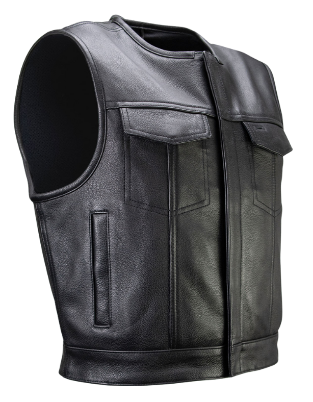 The Low-Key Leather Vest is a sleek, no-fuss club cut trimmed 3" shorter to keep your shoulders comfy while riding. Crafted from 1.2–1.3mm full-grain naked cowhide, it boasts a double closure for a snug fit and plenty of clever pockets. You’ll find two chest pockets, two handwarmers, a media pocket, plus patented Lockstock holsters for discreet carry. Swing by our Smyrna, TN shop near Murfreesboro to grab yours in sizes S-5X!