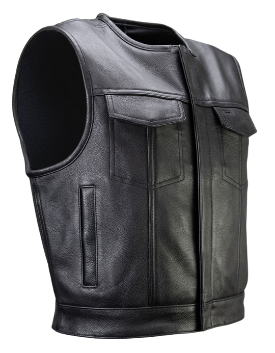 The Low-Key Leather Vest is a sleek, no-fuss club cut trimmed 3" shorter to keep your shoulders comfy while riding. Crafted from 1.2–1.3mm full-grain naked cowhide, it boasts a double closure for a snug fit and plenty of clever pockets. You’ll find two chest pockets, two handwarmers, a media pocket, plus patented Lockstock holsters for discreet carry. Swing by our Smyrna, TN shop near Murfreesboro to grab yours in sizes S-5X!