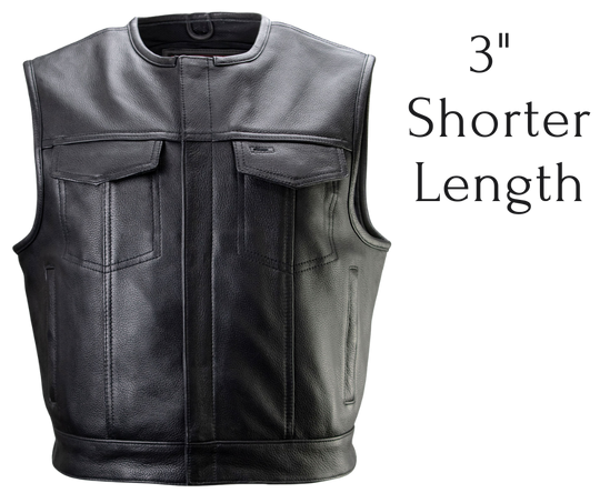 The Low-Key Leather Vest is a sleek, no-fuss club cut trimmed 3" shorter to keep your shoulders comfy while riding. Crafted from 1.2–1.3mm full-grain naked cowhide, it boasts a double closure for a snug fit and plenty of clever pockets. You’ll find two chest pockets, two handwarmers, a media pocket, plus patented Lockstock holsters for discreet carry. Swing by our Smyrna, TN shop near Murfreesboro to grab yours in sizes S-5X!