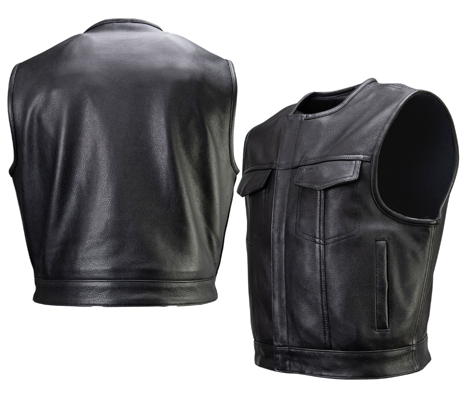 The Low-Key Leather Vest is a sleek, no-fuss club cut trimmed 3" shorter to keep your shoulders comfy while riding. Crafted from 1.2–1.3mm full-grain naked cowhide, it boasts a double closure for a snug fit and plenty of clever pockets. You’ll find two chest pockets, two handwarmers, a media pocket, plus patented Lockstock holsters for discreet carry. Swing by our Smyrna, TN shop near Murfreesboro to grab yours in sizes S-5X!