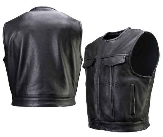 The Low-Key Leather Vest is a sleek, no-fuss club cut trimmed 3" shorter to keep your shoulders comfy while riding. Crafted from 1.2–1.3mm full-grain naked cowhide, it boasts a double closure for a snug fit and plenty of clever pockets. You’ll find two chest pockets, two handwarmers, a media pocket, plus patented Lockstock holsters for discreet carry. Swing by our Smyrna, TN shop near Murfreesboro to grab yours in sizes S-5X!