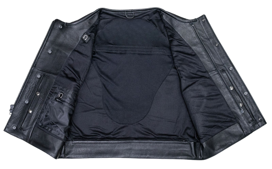 The Low-Key Leather Vest is a sleek, no-fuss club cut trimmed 3" shorter to keep your shoulders comfy while riding. Crafted from 1.2–1.3mm full-grain naked cowhide, it boasts a double closure for a snug fit and plenty of clever pockets. You’ll find two chest pockets, two handwarmers, a media pocket, plus patented Lockstock holsters for discreet carry. Swing by our Smyrna, TN shop near Murfreesboro to grab yours in sizes S-5X!