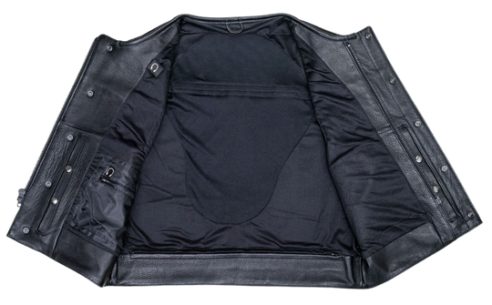 The Low-Key Leather Vest is a sleek, no-fuss club cut trimmed 3" shorter to keep your shoulders comfy while riding. Crafted from 1.2–1.3mm full-grain naked cowhide, it boasts a double closure for a snug fit and plenty of clever pockets. You’ll find two chest pockets, two handwarmers, a media pocket, plus patented Lockstock holsters for discreet carry. Swing by our Smyrna, TN shop near Murfreesboro to grab yours in sizes S-5X!