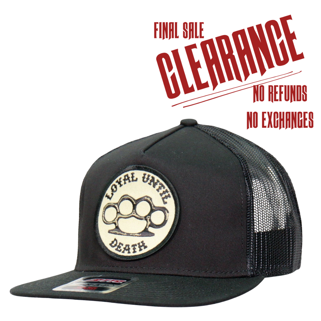 Loyal Until Death Patch flat bill Snap Back Hat. Its a cotton/polyester blend helps the hat hold its shape for long time use. Otto Brand mesh style back hat with a plastic adjustable tab. Ride to our Smyrna, TN shop not far from Murfreesboro.