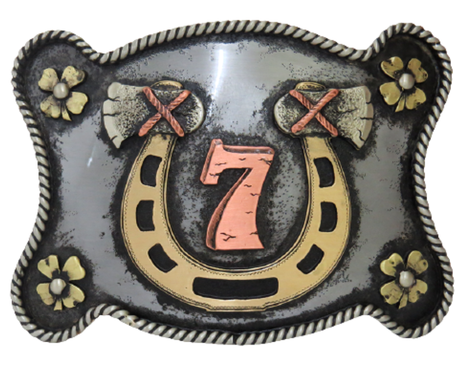 The Lucky 7 buckle is made from German Silver (nickel and brass alloy) or iron metal base. Each piece is punched, cut, soldered, engraved, polished and painted by our talented metal workers.  Our products are all handcrafted. Finally each piece is covered with a heat sealed lacquer to ensure the piece's long lasting qualities. Available at our Smyrna, TN shop just outside of Nashville.