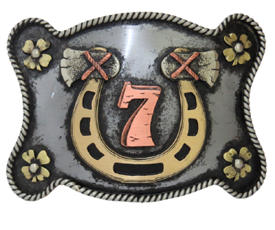 The Lucky 7 buckle is made from German Silver (nickel and brass alloy) or iron metal base. Each piece is punched, cut, soldered, engraved, polished and painted by our talented metal workers.  Our products are all handcrafted. Finally each piece is covered with a heat sealed lacquer to ensure the piece's long lasting qualities. Available at our Smyrna, TN shop just outside of Nashville.