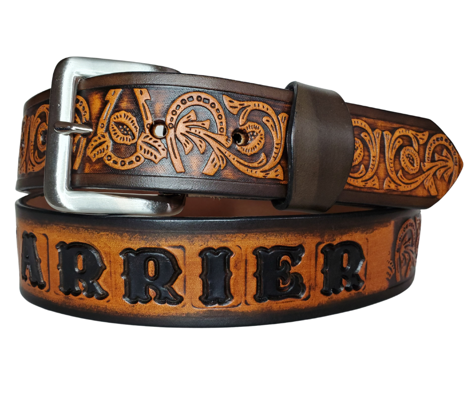 We are always trying to find classic iconic patterns and this is one of those....Horseshoes mixed with a Western scroll pattern. It's a professionally crafted, genuine leather belt made from 8-10 oz cowhide shoulder leather, approximately 1/8" thick. It boasts a hand burnished edge, along with a multi-step dye and finishing technique. The antique nickel plated solid brass buckle is affixed with heavy snaps. This belt is crafted near Nashville, TN in Smyrna.