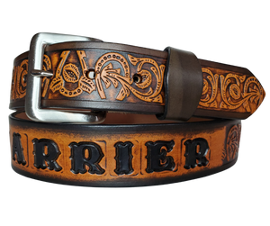 We are always trying to find classic iconic patterns and this is one of those....Horseshoes mixed with a Western scroll pattern. It's a professionally crafted, genuine leather belt made from 8-10 oz cowhide shoulder leather, approximately 1/8" thick. It boasts a hand burnished edge, along with a multi-step dye and finishing technique. The antique nickel plated solid brass buckle is affixed with heavy snaps. This belt is crafted near Nashville, TN in Smyrna.