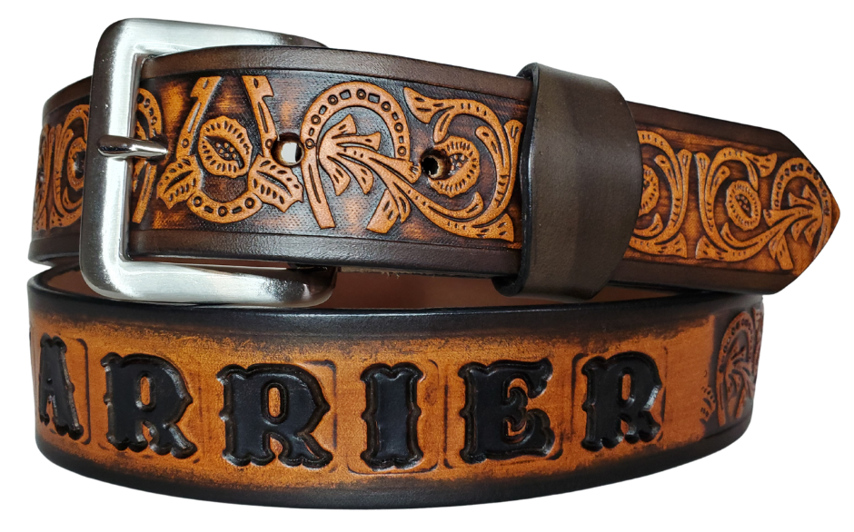 We are always trying to find classic iconic patterns and this is one of those....Horseshoes mixed with a Western scroll pattern. It's a professionally crafted, genuine leather belt made from 8-10 oz cowhide shoulder leather, approximately 1/8" thick. It boasts a hand burnished edge, along with a multi-step dye and finishing technique. The antique nickel plated solid brass buckle is affixed with heavy snaps. This belt is crafted near Nashville, TN in Smyrna.