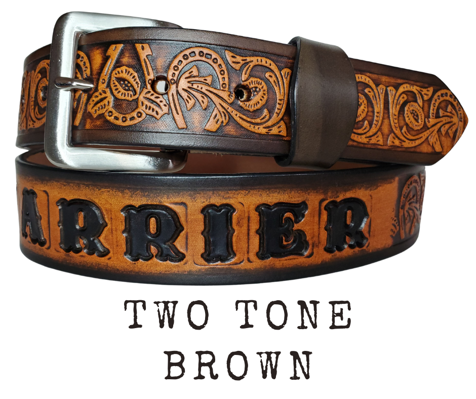 We are always trying to find classic iconic patterns and this is one of those....Horseshoes mixed with a Western scroll pattern. It's a professionally crafted, genuine leather belt made from 8-10 oz cowhide shoulder leather, approximately 1/8" thick. It boasts a hand burnished edge, along with a multi-step dye and finishing technique. The antique nickel plated solid brass buckle is affixed with heavy snaps. This belt is crafted near Nashville, TN in Smyrna.