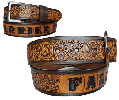 We are always trying to find classic iconic patterns and this is one of those....Horseshoes mixed with a Western scroll pattern. It's a professionally crafted, genuine leather belt made from 8-10 oz cowhide shoulder leather, approximately 1/8" thick. It boasts a hand burnished edge, along with a multi-step dye and finishing technique. The antique nickel plated solid brass buckle is affixed with heavy snaps. This belt is crafted near Nashville, TN in Smyrna.