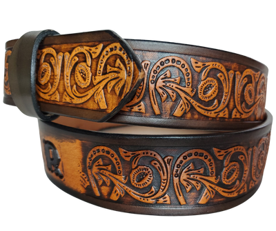 We are always trying to find classic iconic patterns and this is one of those....Horseshoes mixed with a Western scroll pattern. It's a professionally crafted, genuine leather belt made from 8-10 oz cowhide shoulder leather, approximately 1/8" thick. It boasts a hand burnished edge, along with a multi-step dye and finishing technique. The antique nickel plated solid brass buckle is affixed with heavy snaps. This belt is crafted near Nashville, TN in Smyrna.