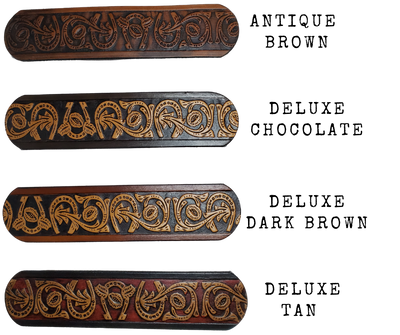 We are always trying to find classic iconic patterns and this is one of those....Horseshoes mixed with a Western scroll pattern. It's a professionally crafted, genuine leather belt made from 8-10 oz cowhide shoulder leather, approximately 1/8" thick. It boasts a hand burnished edge, along with a multi-step dye and finishing technique. The antique nickel plated solid brass buckle is affixed with heavy snaps. This belt is crafted near Nashville, TN in Smyrna.